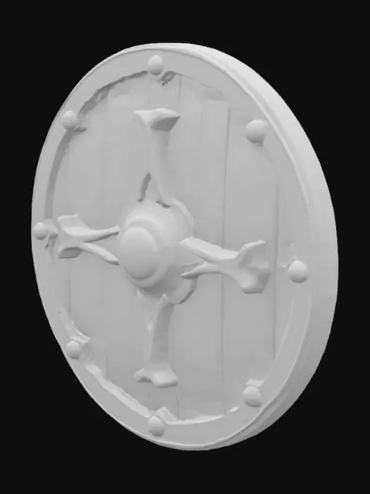 3D model for make a medieval shield made of wood and on the edge there is steel covering. Also having bones on the shield that seem like a triangle


