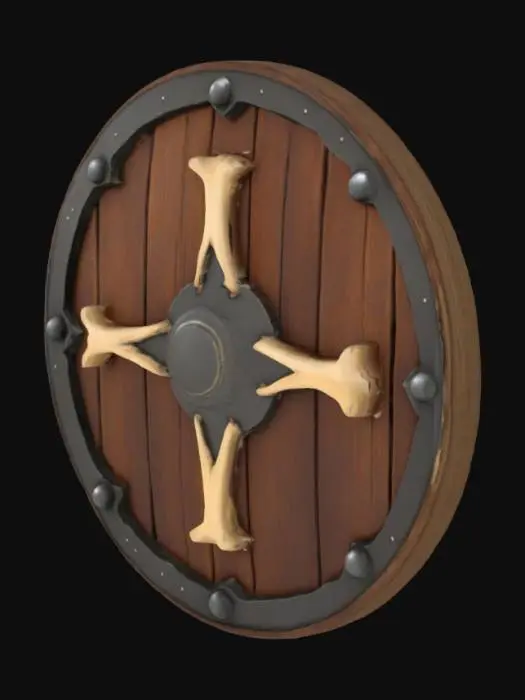 3D model for make a medieval shield made of wood and on the edge there is steel covering. Also having bones on the shield that seem like a triangle

