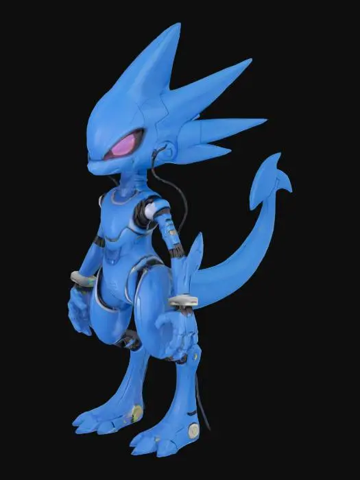 3D model for blue mech mewtwo with sayain hair and wires hanging off his back