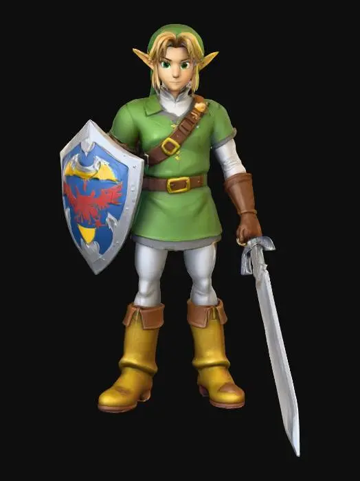 3D model for create an image of the character link from zelda. t pose, shield on left hand, sword on right hand