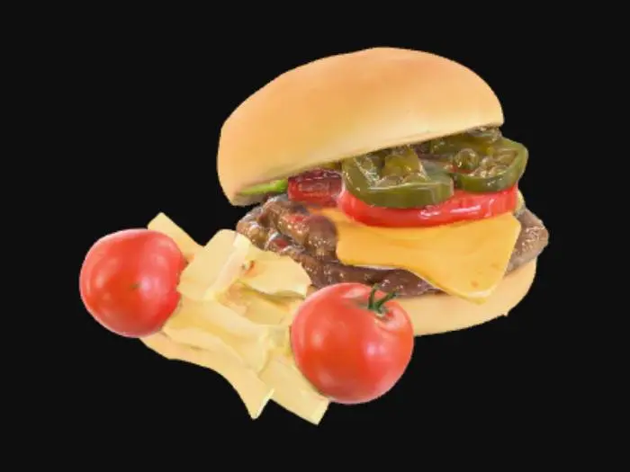3D model for Juicy Cheeseburger with some pickels and tomato in it. Make the cheese as cheesy as possible to make it Look extra yummy, #food#