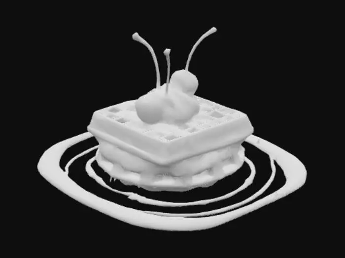 3D model for Eine belgische Waffel, mit einem gut platziertem Klecks Sahne. In der Sahne stecken zwei ansehnliche Kirschen. Warmer Kirschsatz mischt sich leicht mit der Sahne. Dünne Schokoladen-sauce streifen komplettieren das leckere gesamtbild, #food#