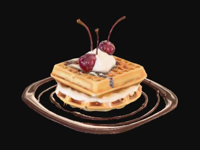 3D model for Eine belgische Waffel, mit einem gut platziertem Klecks Sahne. In der Sahne stecken zwei ansehnliche Kirschen. Warmer Kirschsatz mischt sich leicht mit der Sahne. Dünne Schokoladen-sauce streifen komplettieren das leckere gesamtbild, #food#