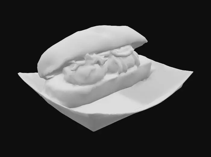 3D model for Ein halbes Mett Brötchen mit Zwiebeln auf einem weissen Teller aus Pappe, #food#