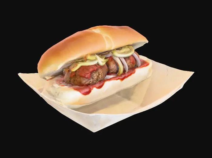 3D model for Ein halbes Mett Brötchen mit Zwiebeln auf einem weissen Teller aus Pappe, #food#