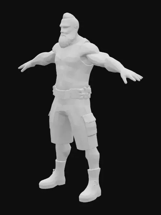 3D model for a survial character, with a beard, ripped off clothes with patches, standig in a T position, wood cutter shirt, hiking shoes