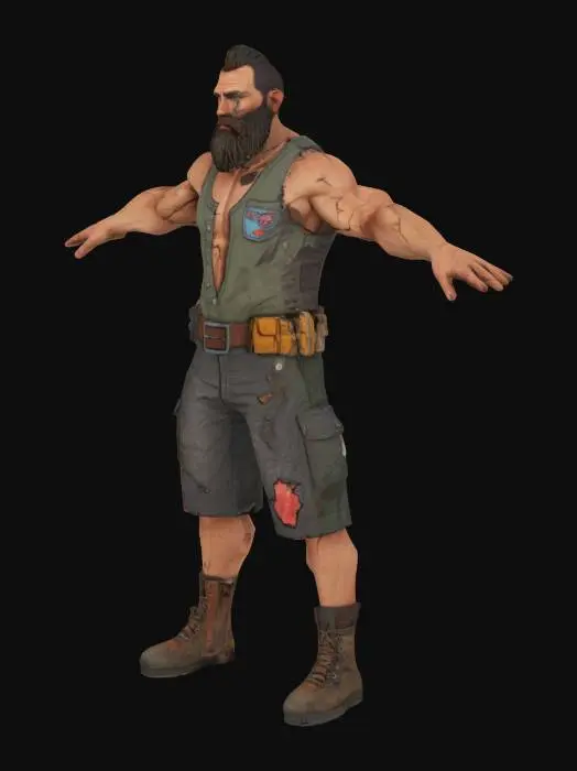 3D model for a survial character, with a beard, ripped off clothes with patches, standig in a T position, wood cutter shirt, hiking shoes