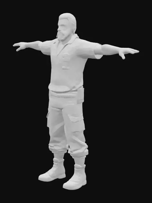 3D model for a survial character, with a beard, ripped off clothes with patches, standig in a T position, wood cutter shirt, hiking shoes