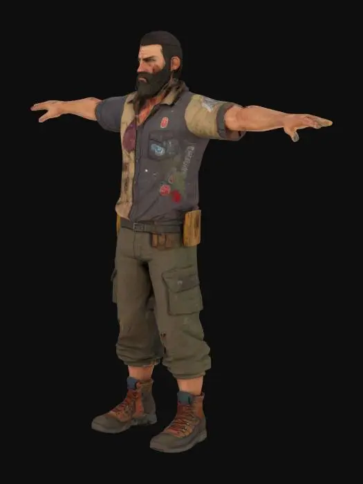 3D model for a survial character, with a beard, ripped off clothes with patches, standig in a T position, wood cutter shirt, hiking shoes