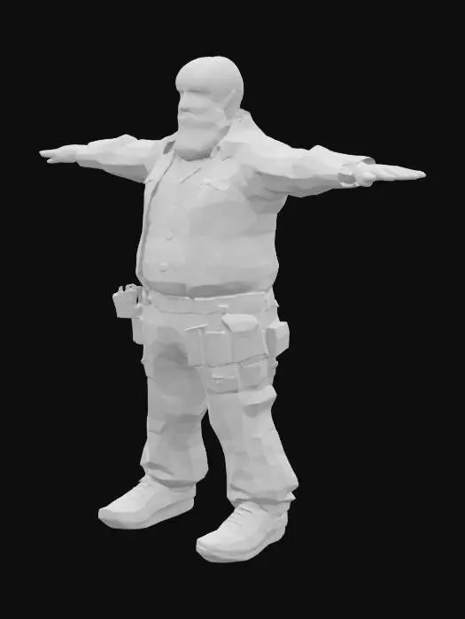 3D model for a survial character, with a beard, ripped off clothes with patches, standig in a T position, wood cutter shirt, hiking shoes