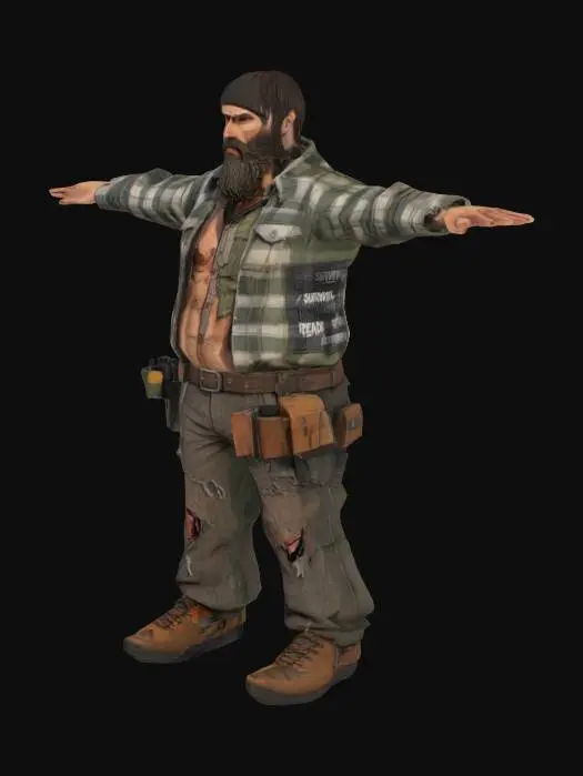 3D model for a survial character, with a beard, ripped off clothes with patches, standig in a T position, wood cutter shirt, hiking shoes