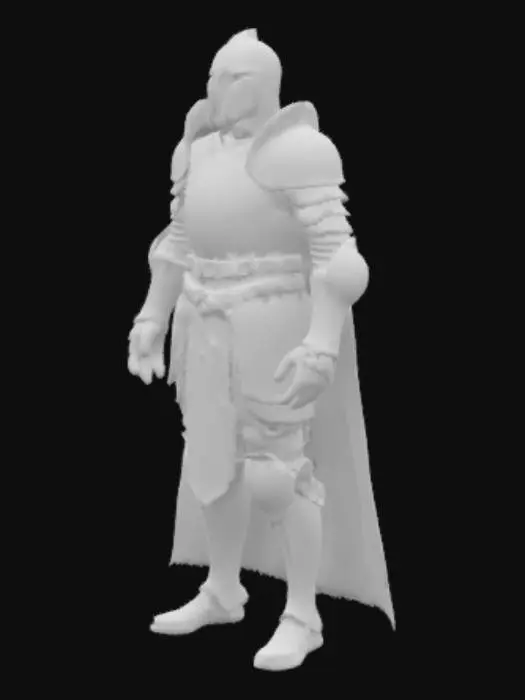 3D model for Ein Ritter in einer funktionellen, eher groben Rüstung aus mattgrauem Stahl, die kaum glänzt und eine raue, unbehandelte Oberfläche aufweist. Die einzelnen Platten sind dick und robust, mit sichtbaren Hammerschlägen und minimalen Unebenheiten, die eine haptische Textur erzeugen. Nieten sind deutlich sichtbar und verbinden die großen, einfach geformten Segmente. Die Farbgebung ist ein unauffälliges, dunkles Grau, das Stärke und Widerstandsfähigkeit vermittelt. Der Helm ist schlicht und ungeziert, passend zur robusten Gesamterscheinung.