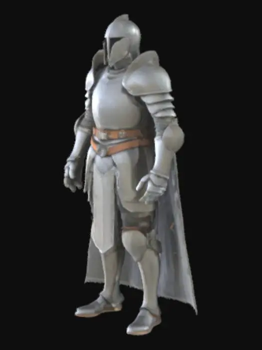 3D model for Ein Ritter in einer funktionellen, eher groben Rüstung aus mattgrauem Stahl, die kaum glänzt und eine raue, unbehandelte Oberfläche aufweist. Die einzelnen Platten sind dick und robust, mit sichtbaren Hammerschlägen und minimalen Unebenheiten, die eine haptische Textur erzeugen. Nieten sind deutlich sichtbar und verbinden die großen, einfach geformten Segmente. Die Farbgebung ist ein unauffälliges, dunkles Grau, das Stärke und Widerstandsfähigkeit vermittelt. Der Helm ist schlicht und ungeziert, passend zur robusten Gesamterscheinung.