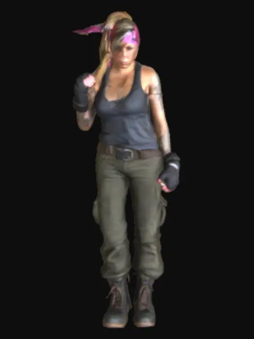 3D model for Rough, thick Woman, Fighter with gloves, camo trouses, partly ripped shirt, Bandana in her haircut