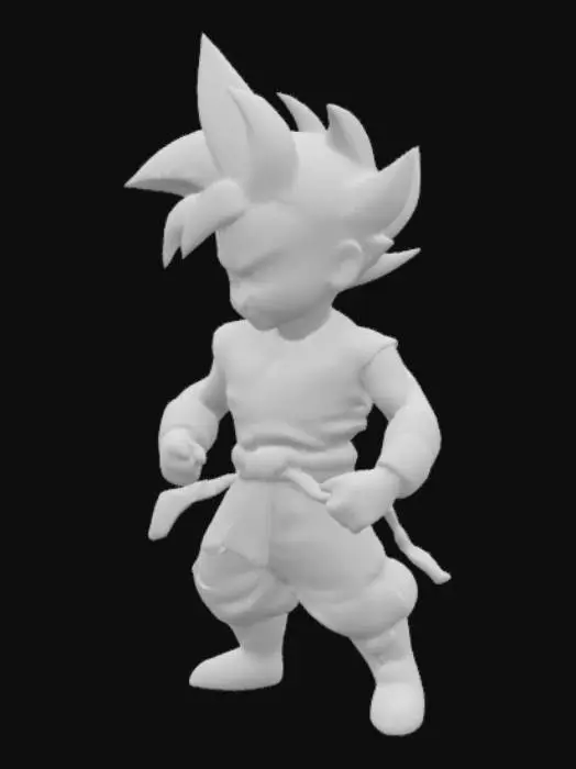 3D model for Ein kleiner, entschlossener Dragon Ball Z-ähnlicher Charakter mit muskulösen, aber noch kindlichen Formen und einer energischen Pose. Sein Körper ist von glatter, leicht glänzender Haut bedeckt, während das tiefschwarze, zackige Haar fast wie skulptierter Kunststoff aussieht. Er trägt einen zerrissenen, dunkelblauen Kampfanzug, dessen Stoff eine raue, leicht abgenutzte Textur aufweist. Die roten Augen sind schmal und konzentriert. Die gesamte Figur wirkt robust und bereit für Action, trotz ihrer geringen Größe.