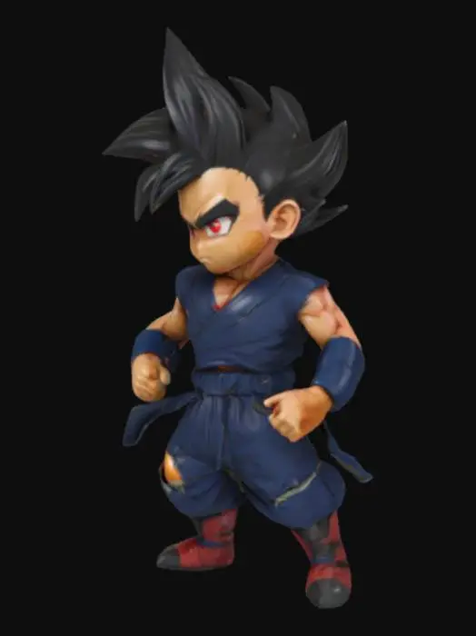 3D model for Ein kleiner, entschlossener Dragon Ball Z-ähnlicher Charakter mit muskulösen, aber noch kindlichen Formen und einer energischen Pose. Sein Körper ist von glatter, leicht glänzender Haut bedeckt, während das tiefschwarze, zackige Haar fast wie skulptierter Kunststoff aussieht. Er trägt einen zerrissenen, dunkelblauen Kampfanzug, dessen Stoff eine raue, leicht abgenutzte Textur aufweist. Die roten Augen sind schmal und konzentriert. Die gesamte Figur wirkt robust und bereit für Action, trotz ihrer geringen Größe.