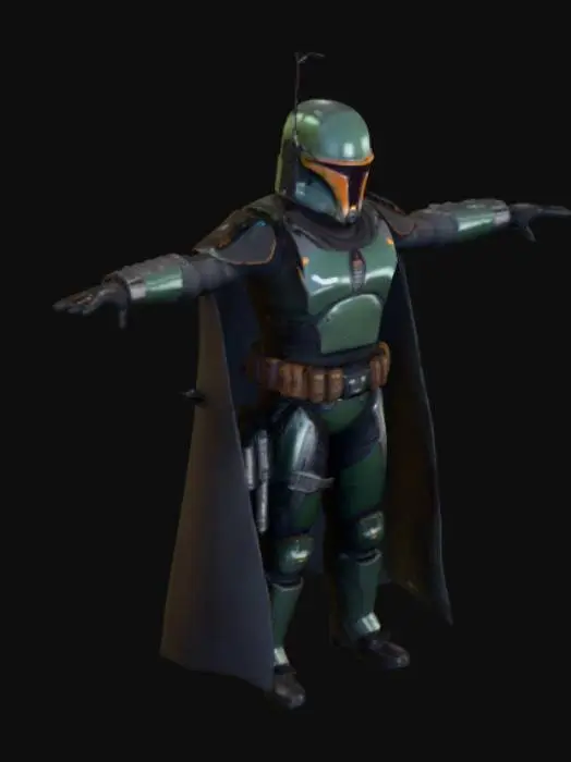 3D model for Boba fat Look a like character, t pose,  futuristic trooper, Cyberpunk style
