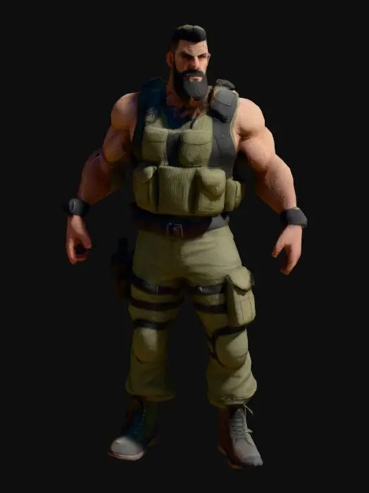 3D model for a survival game character, male, checked shirt, army trouses, leather belt, scar in face, beard, black short hair, #PBR#, standing in T pose