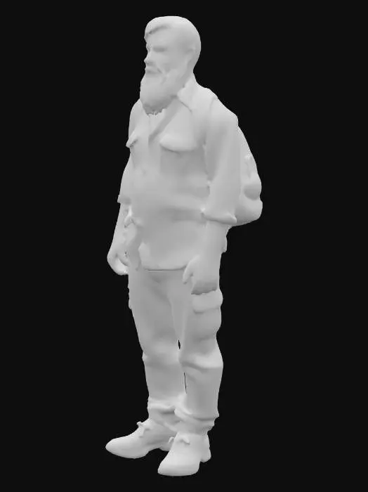 3D model for a survial character, with a beard, ripped off clothes with patches, standig in a T position, wood cutter shirt, hiking shoes
