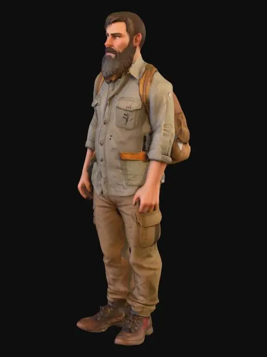 3D model for a survial character, with a beard, ripped off clothes with patches, standig in a T position, wood cutter shirt, hiking shoes