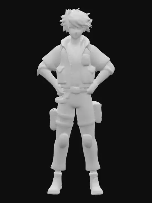 3D model for male protagonist, modern Special Forces Operator, dark windswept hair, khaki tactical vest, tan shoes, knee pads, thigh pads, gloves, elbow pads, camouflage cargo pants, camouflage shirt with rolled sleeves, Stylized, Anime, Game, standing in t pose