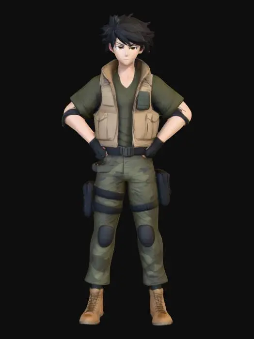 3D model for male protagonist, modern Special Forces Operator, dark windswept hair, khaki tactical vest, tan shoes, knee pads, thigh pads, gloves, elbow pads, camouflage cargo pants, camouflage shirt with rolled sleeves, Stylized, Anime, Game, standing in t pose