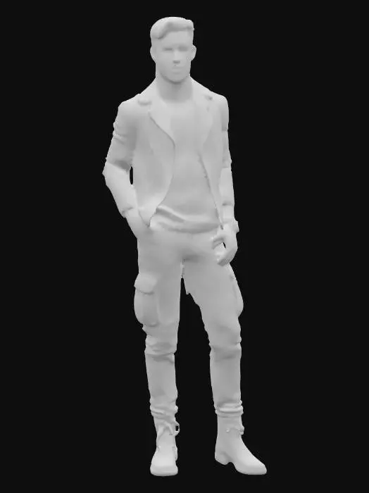 3D model for male character, v-neck t-shirt, black ripped leather jacket, boots, cargo pants, color style is modern grey and black