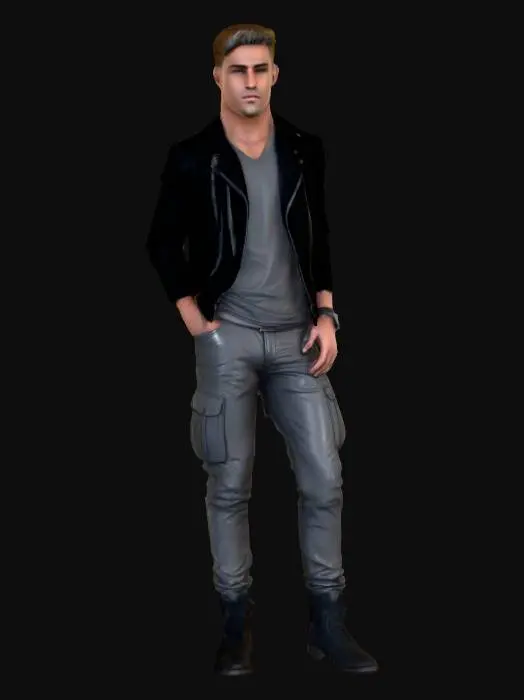 3D model for male character, v-neck t-shirt, black ripped leather jacket, boots, cargo pants, color style is modern grey and black
