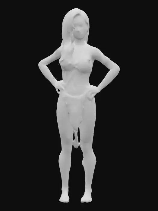 3D model for Erstelle einen weiblichen, halbnackten Survival Game Charakter. unbewaffnet, Klamotten sollten die wesentlichen Körperteile bedecken, jedoch in einer anzüglichen Weise, Blond mit schwarzen Strähnen, schlank, gut gebaut
