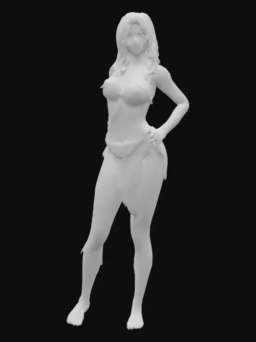 3D model for Erstelle einen weiblichen, halbnackten Survival Game Charakter. unbewaffnet, Klamotten sollten die wesentlichen Körperteile bedecken, jedoch in einer anzüglichen Weise, Blond mit schwarzen Strähnen, schlank, gut gebaut
