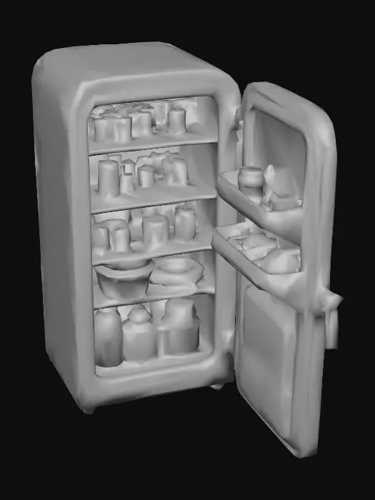 3D model for ein geöffneter Kühlschrank, alt, rostig, leicht beschädigt