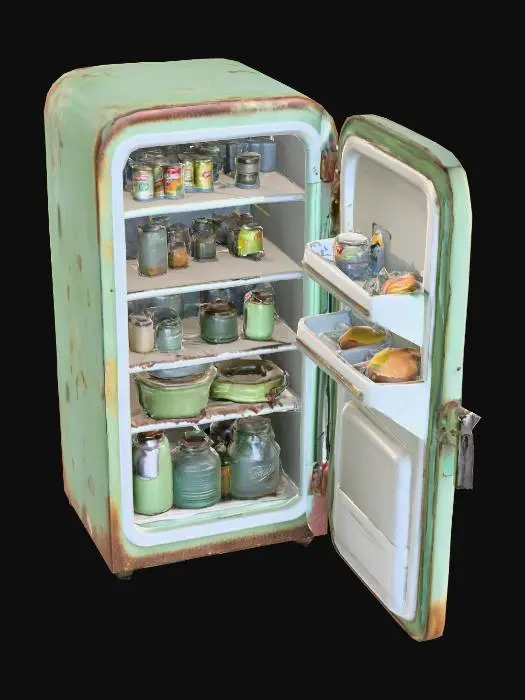 3D model for ein geöffneter Kühlschrank, alt, rostig, leicht beschädigt