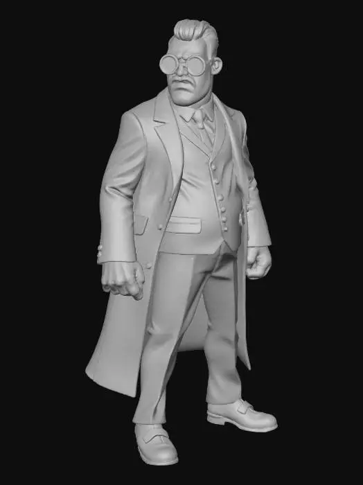 3D model for #villain#, #villain#, superbösewicht, der venom-artige züge hat. Der rechte arm soll dementsprechend düster und verloren dargestellt sein, während er versucht den rest seines Körpers schick zu halten. bitte nutze lila/schwarz für einen Anzug und stylische oversize Sonnenbrille in orange, vom typ her etwas verrückt und funky