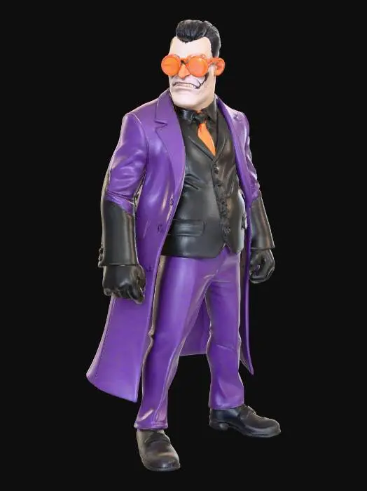 3D model for #villain#, #villain#, superbösewicht, der venom-artige züge hat. Der rechte arm soll dementsprechend düster und verloren dargestellt sein, während er versucht den rest seines Körpers schick zu halten. bitte nutze lila/schwarz für einen Anzug und stylische oversize Sonnenbrille in orange, vom typ her etwas verrückt und funky