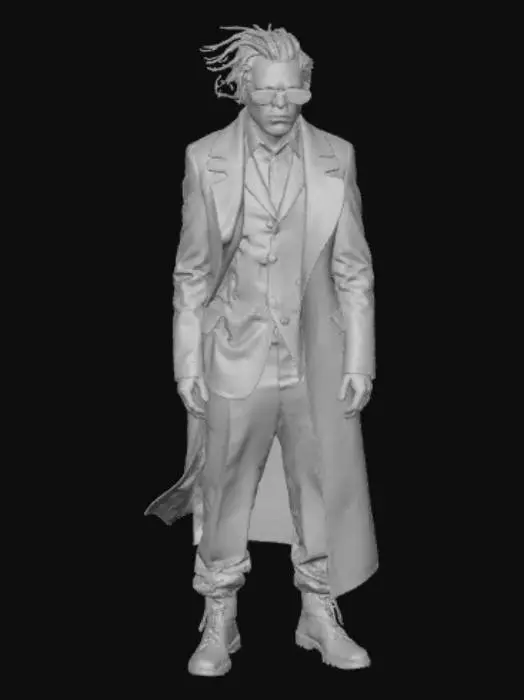 3D model for erstelle ein bild von einem superbösewicht, der zombie-artige züge hat. Der rechte arm soll dementsprechend halb blutend und verwest sein während er versucht den rest seines Körpers schick zu halten. bitte nutze lila/schwarz für einen Anzug und stylische oversize Sonnenbrille in orange, #villain#