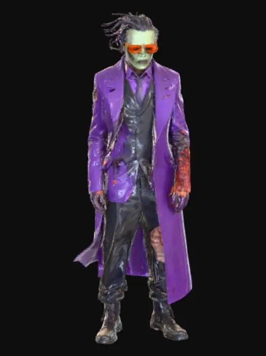 3D model for erstelle ein bild von einem superbösewicht, der zombie-artige züge hat. Der rechte arm soll dementsprechend halb blutend und verwest sein während er versucht den rest seines Körpers schick zu halten. bitte nutze lila/schwarz für einen Anzug und stylische oversize Sonnenbrille in orange, #villain#