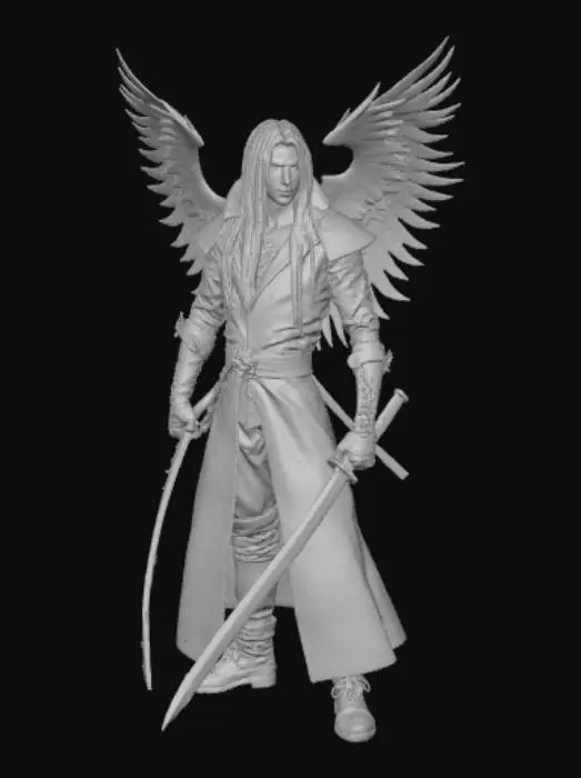 3D model for Sephiroth like character Long katana in one Hand, one black Wing from His Back, serious looking, Long White Hair,, #villain#