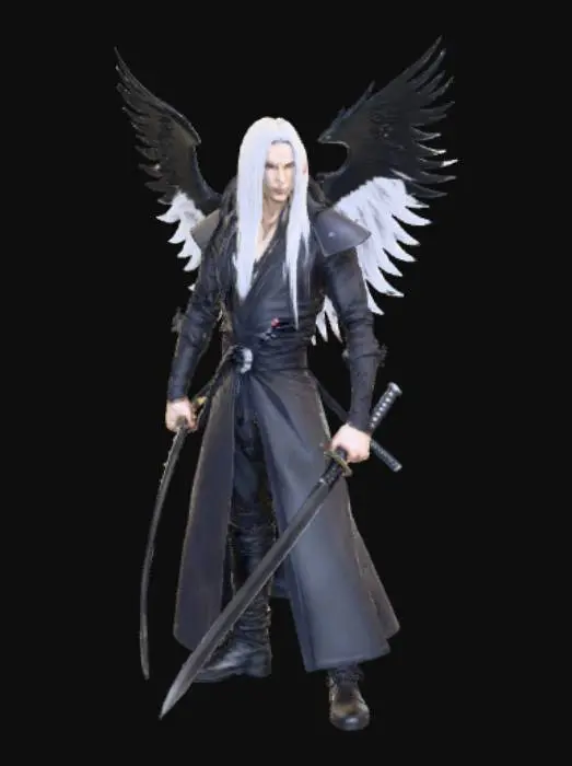 3D model for Sephiroth like character Long katana in one Hand, one black Wing from His Back, serious looking, Long White Hair,, #villain#