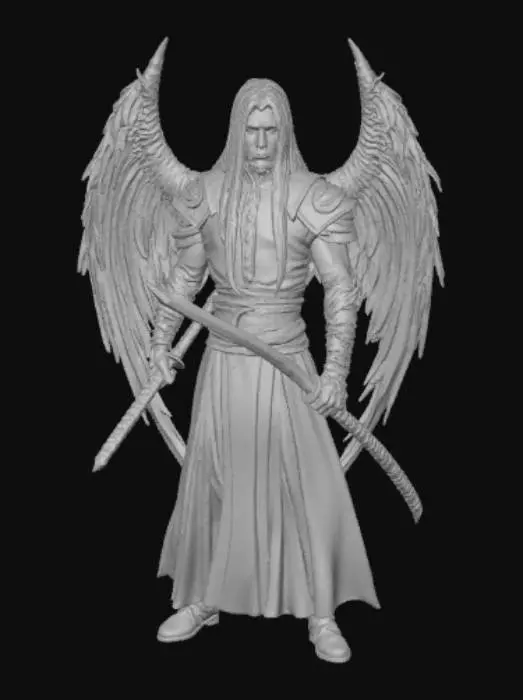 3D model for Sephiroth like character, only one Long katana in one Hand, only one black Wing from His Back, serious looking, Long White Hair,, #villain#