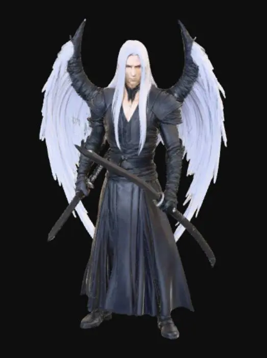 3D model for Sephiroth like character, only one Long katana in one Hand, only one black Wing from His Back, serious looking, Long White Hair,, #villain#