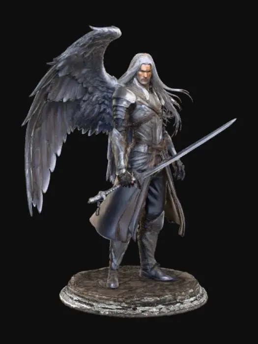 3D model for Sephiroth like character, one black wing and a Hügel katana, #villain#