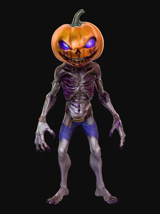 3D model for spooky, blue and purple glowing eyes, pumpkin headed zombie, game character in t pose, #Halloween2025#, extrem evil and fanatic gaze