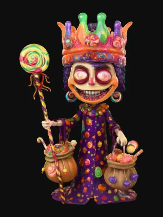 3D model for The ultimate emperor of Halloween sweets with bags of Candy and scary toony eyes, Holding the scepter of sugar crystals and wearing a crown Made of jelly, #Halloween2025#