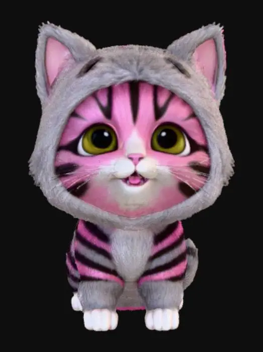 3D model for A cute Halloween Cat, in toon Style, wears a spooky but sweet werewolf costume, cute Gaze, fluffy für, pink-black striped, #Halloween2025#