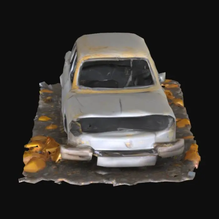 3D model for Die Einfahrt eines verlassenen Hauses ist eine ungepflegte Fläche aus zertretenem Schotter und hartem Erdreich, übersät mit Glasscherben, vergilbtem Laub und verrostetem Metallschrott. Ein schwer beschädigtes Auto, nur noch ein graues Wrack mit fehlenden Türen und einem zerschlagenen Dach, steht verlassen in der Mitte. Der Untergrund ist lose und knirschend, der Schrott scharf und kantig. Die Farben sind eine Mischung aus schmutzigem Grau, Erdbraun und den verblassten Resten des Autolacks.