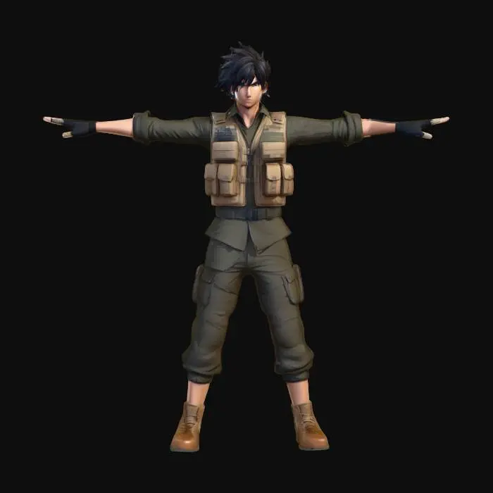 3D model for male protagonist, modern Special Forces Operator, dark windswept hair, khaki tactical vest, tan shoes, knee pads, thigh pads, gloves, elbow pads, camouflage cargo pants, camouflage shirt with rolled sleeves, Stylized, Anime, Game, standing in t pose