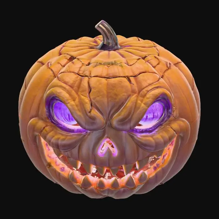 3D model for spooky, blue and purple glowing eyes, pumpkin, #Halloween2025#, extrem evil and fanatic gaze