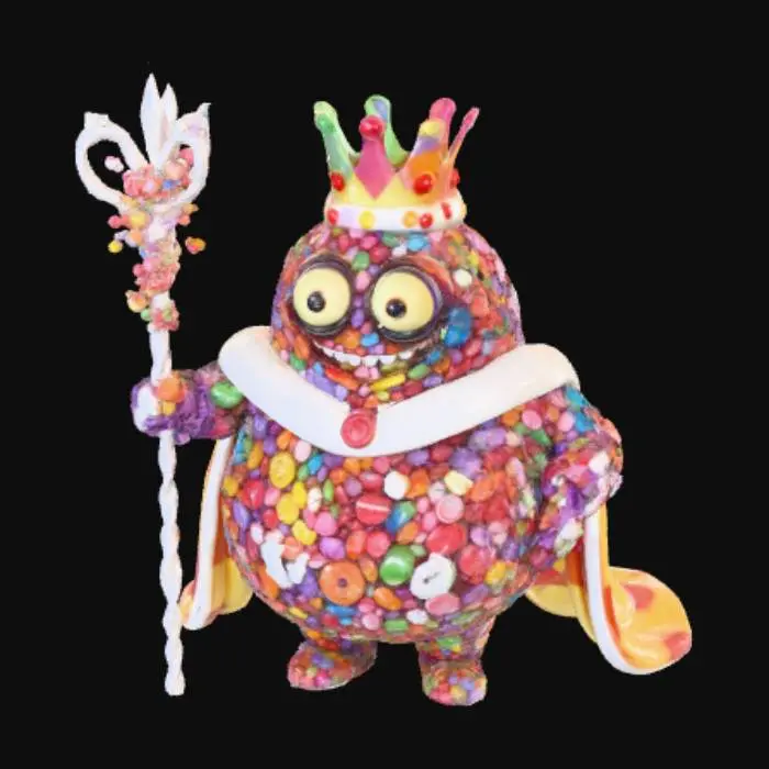 3D model for The ultimate emperor of Halloween sweets with bags of Candy and scary toony eyes, Holding the scepter of sugar crystals and wearing a crown Made of jelly, #Halloween2025#