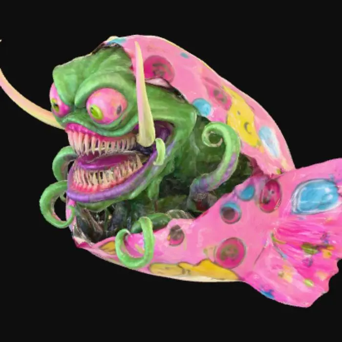 3D model for #Halloween2025#, candy, but inside the package it IS a Mimic with crazy Long teeth and a crazy gaze