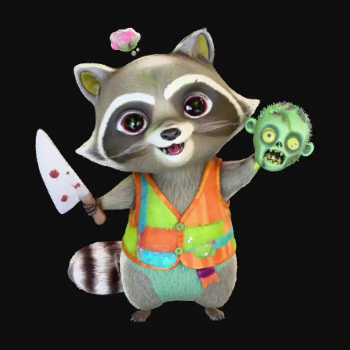 3D model for #Halloween2025#, super cute racoon adult in toon style, holding a fluffy toy knife and a plush Zombie head in the other Hand, smiles and asks for Candy